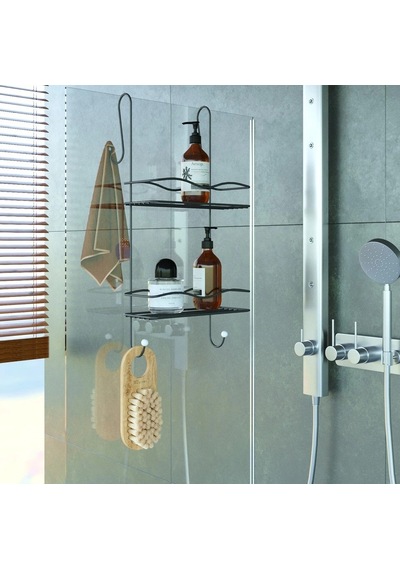 Duşakabin Banyo Rafı Şampuanlık 2 Katlı Askılı Siyah Geniş Siyah