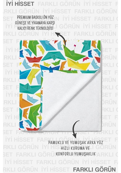 Origami Gemi Temalı Çocuk Plaj Havlusu - Renkli Geometrik Marine Hızlı Kuruyan Mikrofiber Havlu Kumlu Zeytin