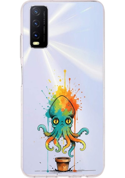 Vivo Y20s İle Uyumlu Splash Ahtapot Tasarımlı Şeffaf Silikon Kılıf Şeffaf