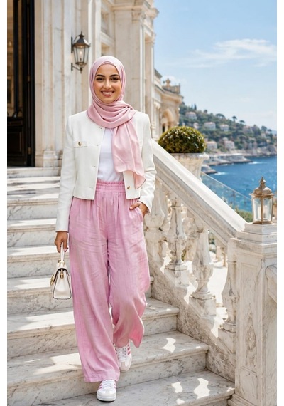 Hb Harma Time Butik Kadın Beli Lastikli Çilek Kumaş Pembe Salaş Pantolon Pembe Pembe