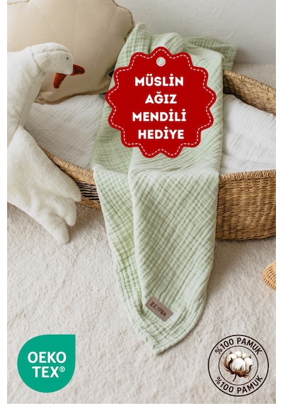 Zeypba %100 Pamuk 4 Katlı Müslin Örtü Kenar Dikişli Suyeşil 90x100 CM Yeşil