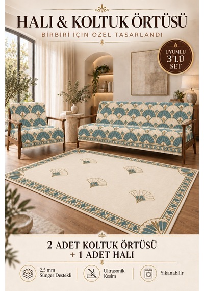 3 Lü Set 2 Adet 165x215 Cm Koltuk Örtüsü + 1 Adet 6m2 180x280 Cm Kaymaz Taban Dijital Baskılı Halı Turkuaz