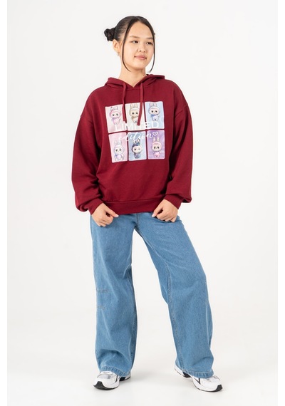 Kız Çocuk Labubu Baskılı 3 İplik Kışlık Şardonsuz Sweatshirt 4540 Bordo