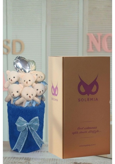 Deluxe Lacivert Peluş Silindir Kutuda, Kalpli Balonlu 6 Lı Lacivert Ayıcık Buketi - Sevdiğine Hediye