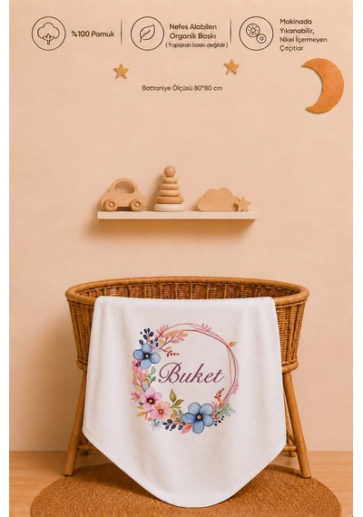 Kız Bebek Hediyesi İsme Özel 80x80 Cm Çift Kat Penye Bebek Battaniyesi %100 Pamuk Ham Bez Kıyafet Keseli 1036bkyx