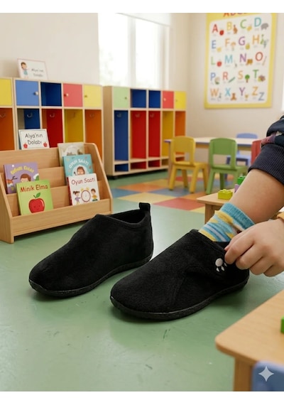 Gezer Tam Ortopedik Cırtlı Yazlık Kreş,anaokulu Ev İçi Ayakkabı Pati Panduf Siyah