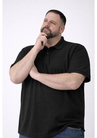 Erkek Polo Yaka Düğmeli Tişört Pike Kumaş Battal Beden Kısa Kol T-shirt - Siyah