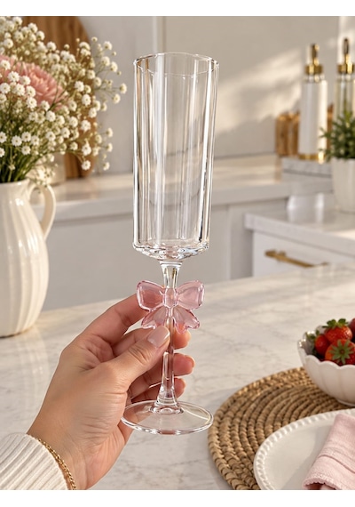 Qerhome Pembe Fiyonk Tasarımlı Dikey Çizgili Kahve Yanı Sunum Ve Şampanya Kadehi 2 Adet Şeffaf