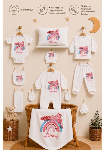 Pia Baby Kişiye Özel Kız Bebek Hastane Çıkışı 11 Parça %100 Pamuk Organik Baskılı Set 2029113x Ekru