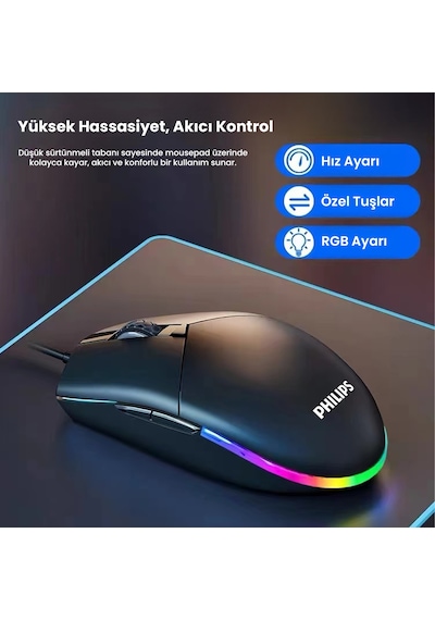 Philips SPK9304 USB Kablolu 6400DPI 6 Tuşlu RGB Aydınlatmalı Optik Gaming Mouse