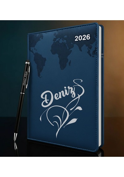 Bk Gift Kişiye Özel İsimli Termo Sert Kapak 2026 Lacivert Ajanda & Kalem -5, Öğretmenler Günü Hediyesi, Yeni İş Hediyesi 35323 Bk Gift Renkli