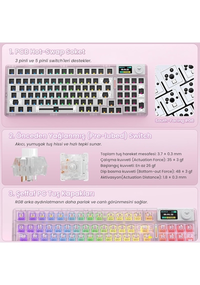 Aula F98 Pro V3 Oled Ekranlı Crystal Switch Makrolu Kablosuz Rgb Hot-swap Gasket Pre-lubed Switch Mekanik Klavye Şeffaf Pembe