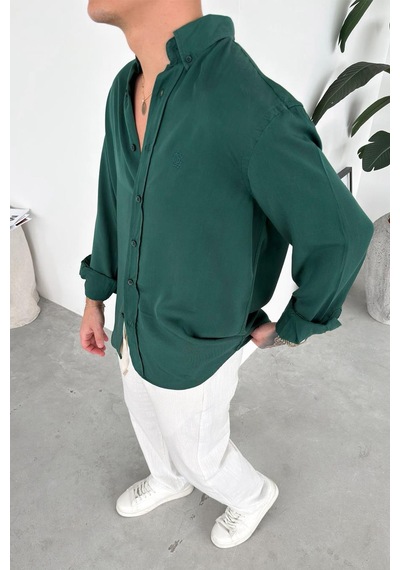Koyu Yeşil Nakışlı Oversize Modal Gömlek Koyu Yeşil