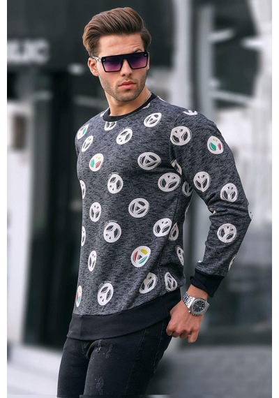 Madmext Siyah Bisiklet Yaka Baskılı Sweatshirt 1707-siyah Siyah