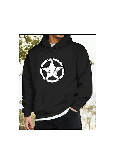 Herkesemoda Yıldız Baskı Detaylı İçi Polarlı Kapüşonlu Sweatshirt Siyah