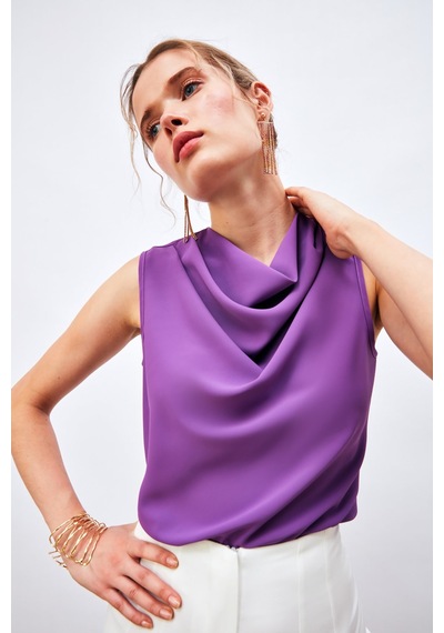 Sateen Degaje Yaka Kolsuz Bluz - Mor