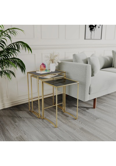 Retro 3 Lü Zigon Füme Camlı Gold Sehpa, Metal Sehpa, Salon, Yatak Odası, Antre Altın