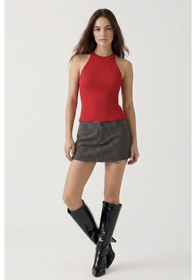 Neden Tekstil Kadın Fitilli Halter Yaka Crop Bluz - Kırmızı