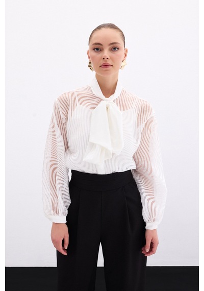Sateen Fularlı Zebra Desenli Gömlek - Ekru-136000 Ekru