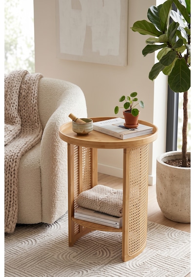 Robin Home Doğal Bambu Rattan Yan Sehpa Tepsili Yuvarlak Dekoratif Sehpa Bej