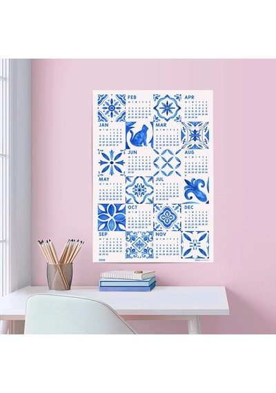 2027 Azulejo Duvar Takvimi Portekiz Mavi Karo Sanatı Suluboya Akdeniz Desenleri