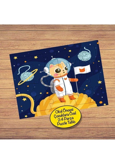 Kedi Astronot İp Gezegen 24 Parça Çocuklara Özel Yapboz Tablo-51