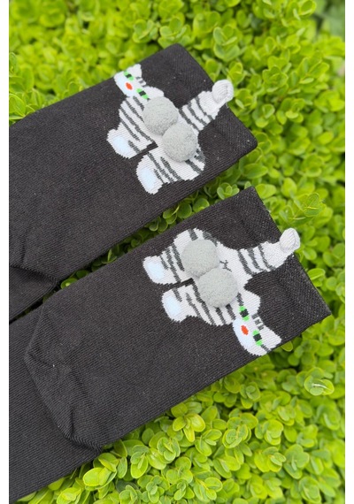 Lousocks Unisex Siyah Yeşil Gözlü Tekir Kedi Desenli Ponpon Soket Çorap
