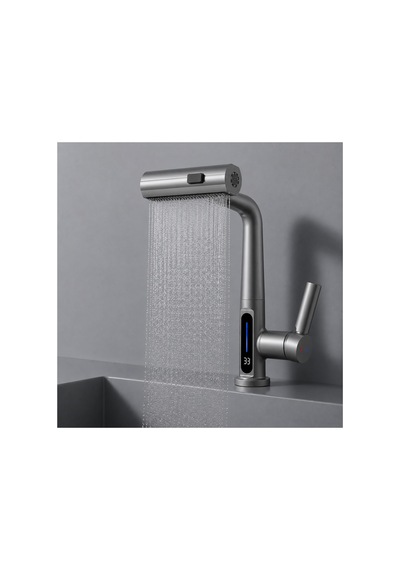 3 Modlu Led Sıcaklık Göstergeli Çekilebilir Şelale Musluk 360 Döner Mutfak Banyo Lavabo Bataryası Gri
