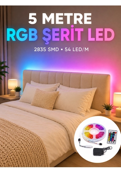 2835 Rgb Şerit Led 5 Metre 54 Led/m Uzaktan Kumandalı Renkli Dekorasyon Işığı Çok Renkli