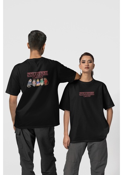 Stranger Cats Ön-arka Baskılı %100 Pamuk Beyaz Kadın/erkek Unisex Rahat Kalıp Oversize T-shirt Siyah Stranger Cats Ön-arka Baskılı %100 Pamuk Beyaz Kadın/erkek Unisex Rahat Kalıp Oversize T-shirt Siyah