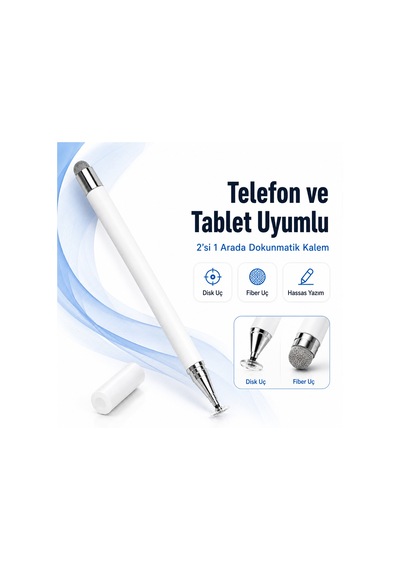 Xiaomi Redmi Pad 2 İle Uyumlu Çift Uçlu Dokunmatik Kalem Disk Fiber Uç Beyaz