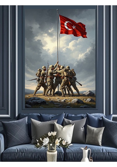Ahşap Tablo Türk Bayrağı Diken Askerler