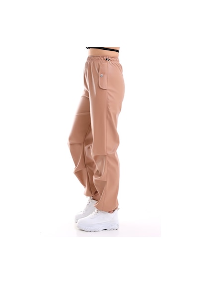 Winmoda34 Kadın Paçası Ayarlanabilir Cebi Kapaklı Yüksek Bel Deri Pantolon Camel