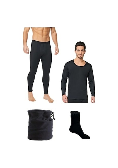 Erkek Termal Alt Üst Takım Polar Boyunluk Bere Ve Termal Çorap Set Siyah
