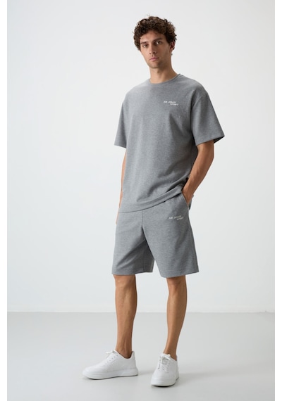 Gri Melanj Pamuklu Kalın Yumuşak Dokulu Oversize Fit Nakışlı Erkek Şort Takım - 85250 GRİ MELANJ