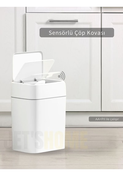 Jet's Home Sensörlü Çöp Kovası Pilli Çöp Kutusu Hareket Algılıyıcı Banyo Mutfak Çöp Atık Kutusu Beyaz