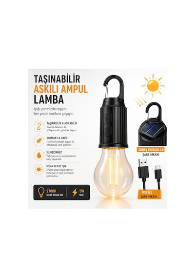 Taşınabilir Askılı Ampul Kamp Lambası,solar Ve Usb Type-c Şarjlı Led Ampul Lamba,su Geçirmez,iç/dış Mekan,kamp,çadır,bahçe,aydınlatma Şeffaf