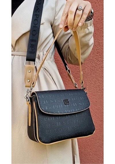 Just Polo Kadın Orta Boy Kabartma Baskılı Lüks Ve Şık El & Omuz Çantası Shoulder Bag Siyah - Taba