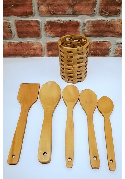 Yuvarlak Bambu Standlı - Ahşap Kaşık Spatula Servis Seti -6 Parça