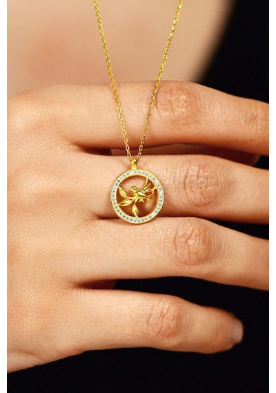 Zirkon Taşlı Gold Yuvarlak Kuş Yuvası Gümüş Kolye N10101