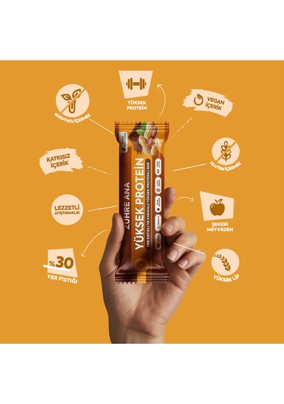 Yer Fıstıklı Ve Kakaolu Yüksek Proteinli Bar, Şeker İlavesiz 40 Gr X 12 Adet