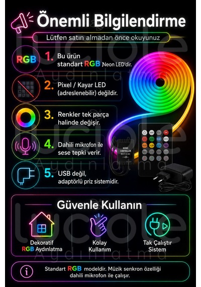 Onerous 1 M Rgb Neon Led Şerit, Müzik Kontrollü, 20 Tuş Kumandalı