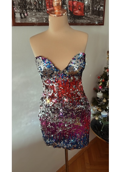 Chica Rosa Fashion Pullu Çok Renkli Straplez Mini Elbise