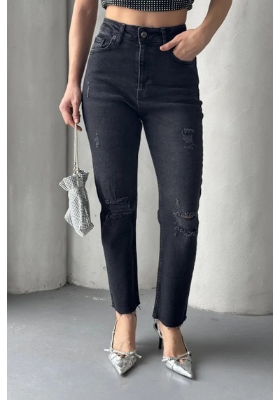 Kadın Antrasit Yırtık Detaylı Mom Jean Yüksek Bel Rahat Kalıp Denim Pantolon