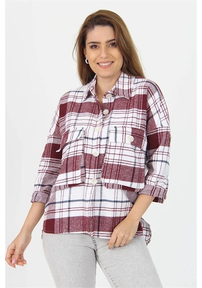 Neşeli Butik Kadın Katlanabilir Kol Cep Detaylı Ekose Oduncu Gömlek Nb9020 bordo