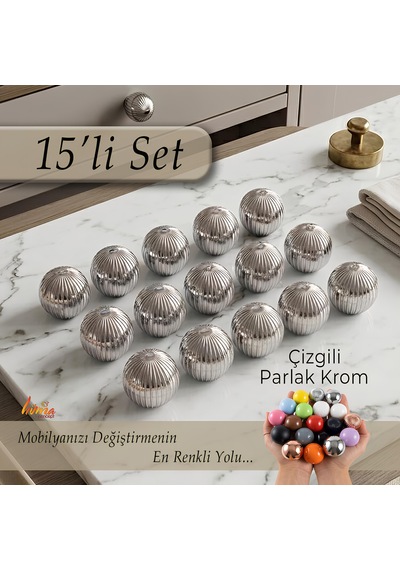 15 Adet Sert Plastik Düğme Yuvarlak Top Çizgili Parlak Krom Dolap Mobilya Mutfak Dolabı Çekmece Kulbu Kulpu Kulplar