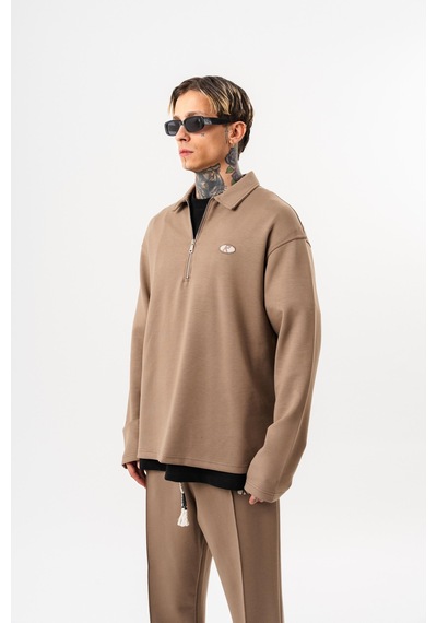 Respire Erkek Yarım Fermuarlı Modal Sweatshirt Vizon