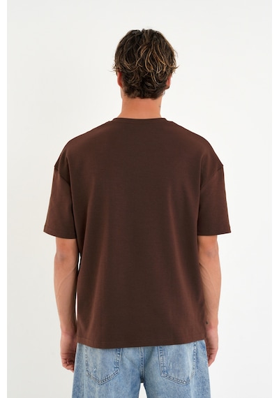 Blank Unisex Oversize Geniş Kesim Tişört %100 Pamuk Kalın Dokulu Bisiklet Yaka T-shirt Kahve
