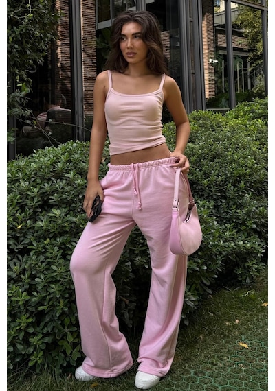 Pembe Geniş Paça Basic Kadın Eşofman Altı Mg2553 Pembe