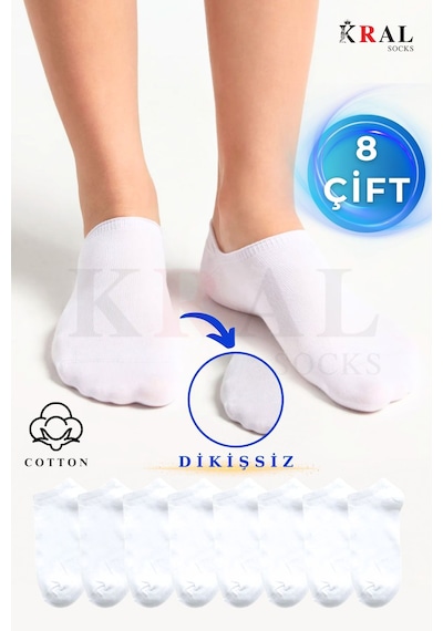 Kral Socks Kadın - Erkek 8 Çift Cotton Dikişsiz Soft Görünmez Penye Patik Bilek Çorap Beyaz